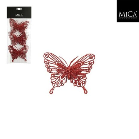 Mica Decoations Clip Vlinder 10x8 cm 3 Stuks Rood