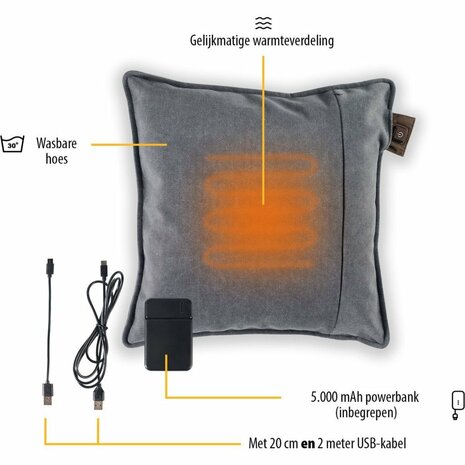 Tristar BW-4792 Warmtekussen 45x45 cm met Powerbank Grijs