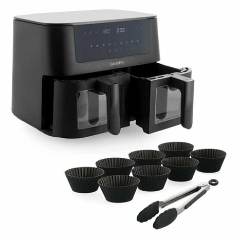 GreenPan Bistro Dual Zone Airfryer 2x 4L 3000W + 9-delige Bakset Zwart