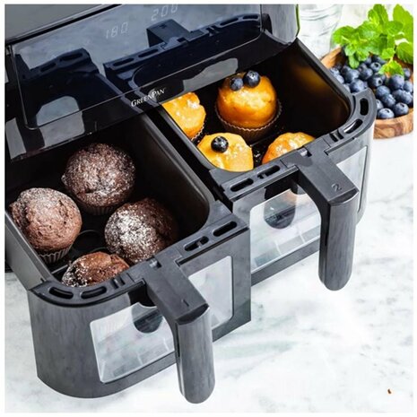 GreenPan Bistro Dual Zone Airfryer 2x 4L 3000W + 9-delige Bakset Zwart