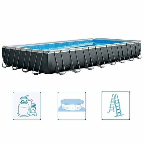 Intex 26374GN Ultra XTR Frame Zwembad 975x488x132 cm + Zandfilterpomp en Trap + Accessoires Grijs