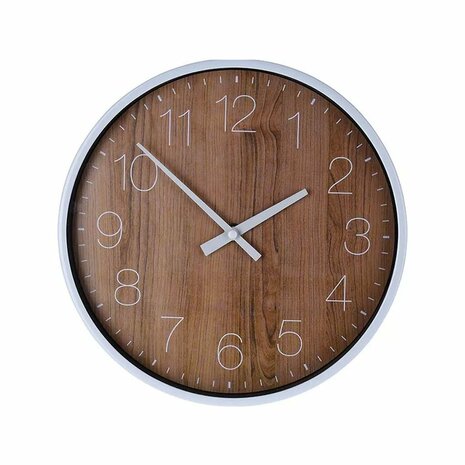 Analoge Wandklok 25 cm Houtmotief/Zilver