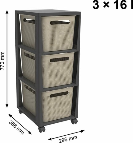 Rotho Tower Brisen Design ladekast 3x16L met Wielen Cappuccino