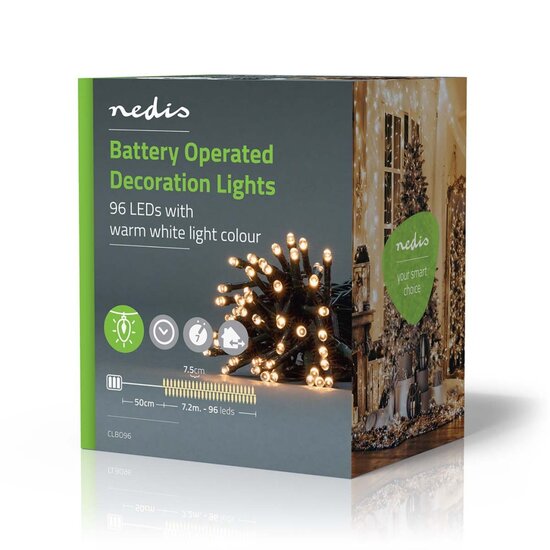 Nedis CLBO96 Decoratieve Verlichting Koord 96 Led&#039;s Warm Wit 7.20 M Licht Effecten: 7 Batterij Gevoed