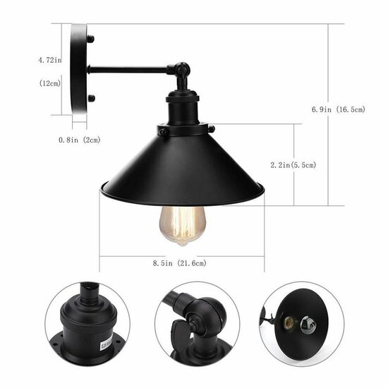 Homestyle Pro MK023-B Industri&euml;le Wandlamp 22 cm Zwart/Metaal