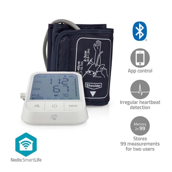 Nedis BTHBP10WT Smartlife Bloeddrukmeter Arm Bluetooth&reg; Lcd-scherm 22 - 42 Cm Aanduiding Van Stil Houden / Detectie Van Onregelmatige Hartslag / Detectie Voor Het Dragen Van Armband Wit