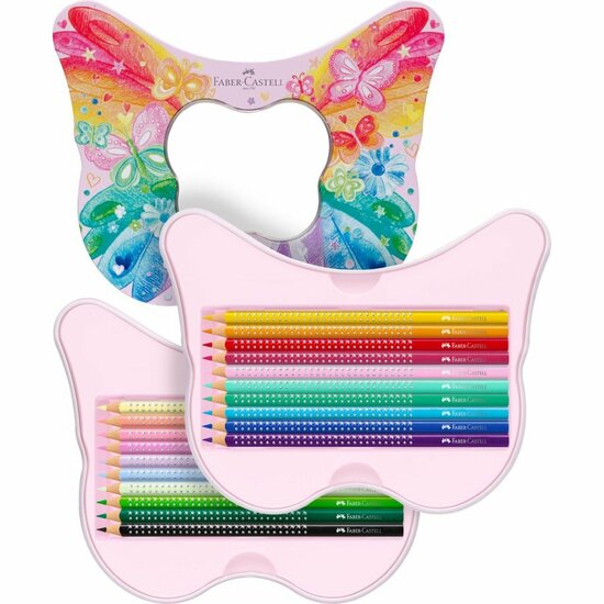 Faber Castell FC-201971 Kleurpotloden Sparkle in Vlinder Bewaarblik 12 Standaard Kleuren + 8 Pastel Kleuren + Stickers